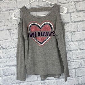 Jenna & Jesse cold shoulder Longsleeve top w/glitter heart grey sz S 7/8 girls